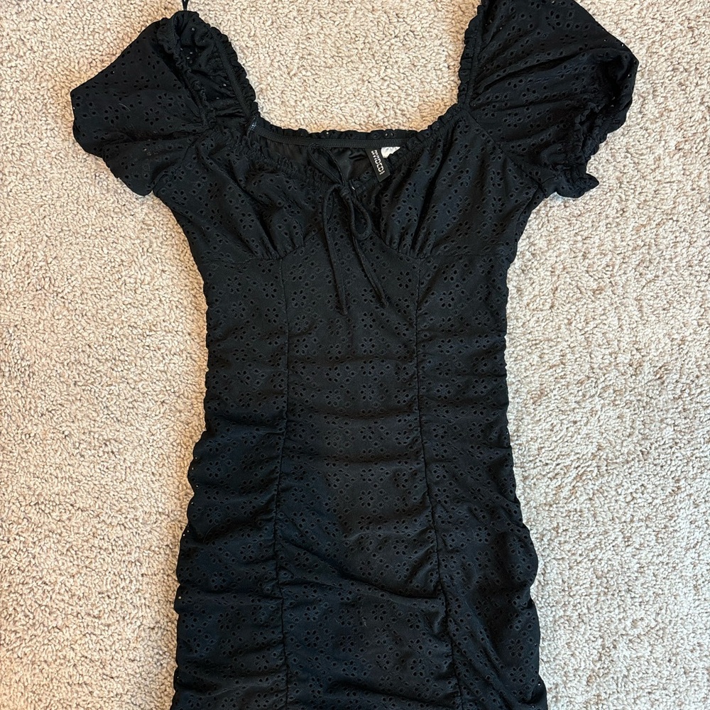 Black Eyelet Puff Sleeve Mini Dress